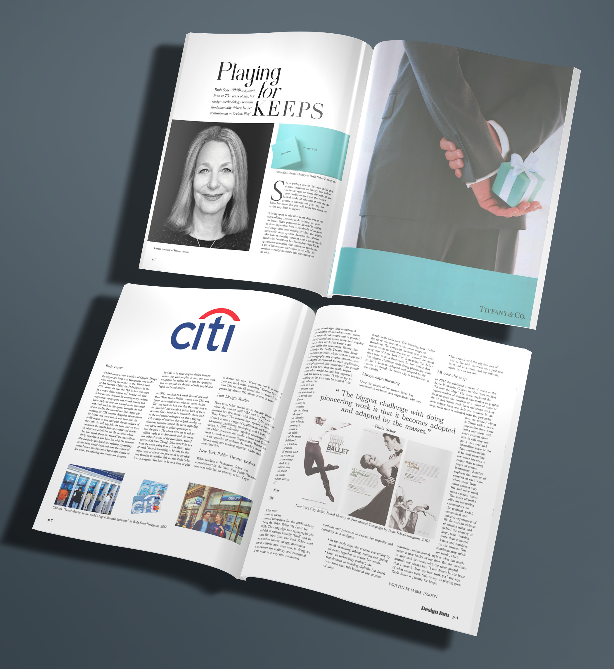 Paula Scher 4 page print article design by Graphic Designer Melissa Sherley